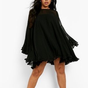 Black Polka Dot Mesh Bell Sleeve Smock Dress